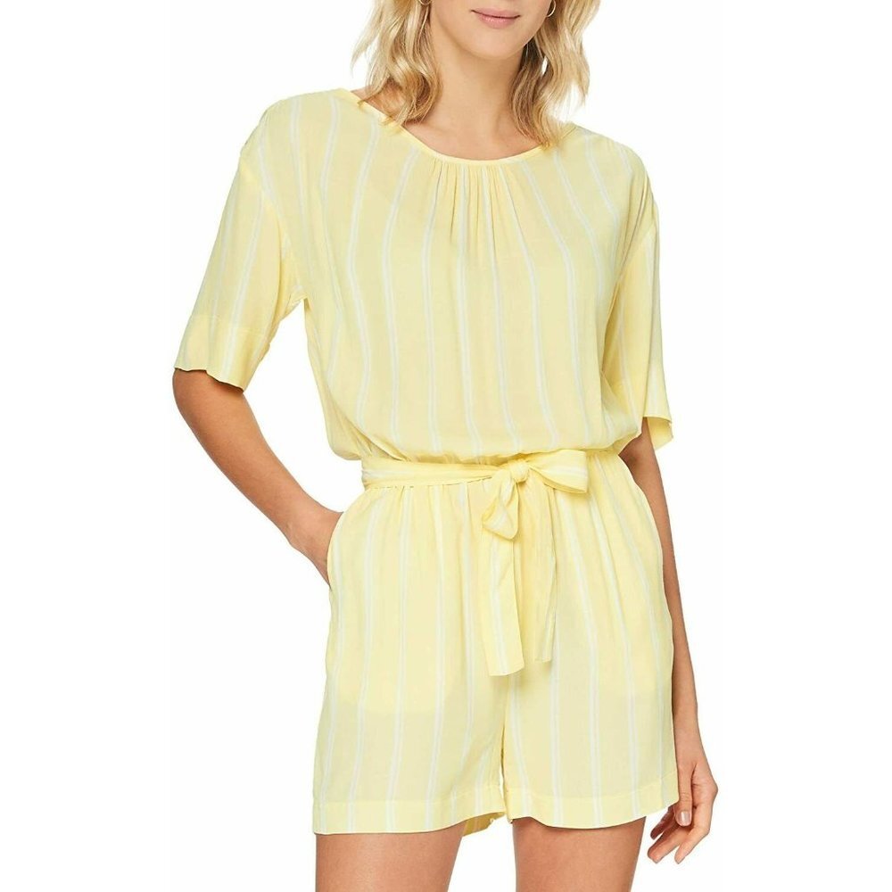 NWT SPARKZ COPENHAGEN Striped Yellow White Jumpsuit Belted Pockets LARGE